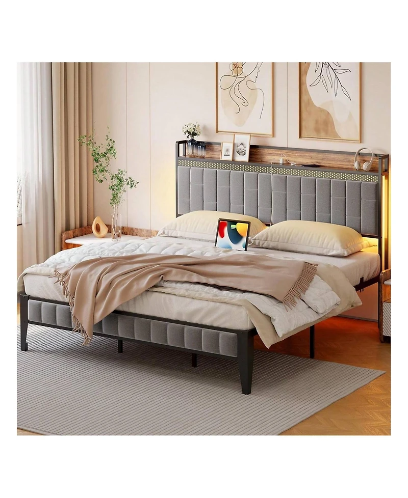 gaomon Full/Queen/King Size Bed Frame With Charging Station, Led Bed Frame With Storage Headboard, Upholstered Platform Bed Frame, No Box Spring Neede