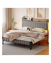gaomon Full/Queen/King Size Bed Frame With Charging Station, Led Bed Frame With Storage Headboard, Upholstered Platform Bed Frame, No Box Spring Neede