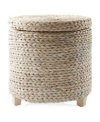 Casafield 17" Round Storage Ottoman with Lid - Whitewash, Handwoven Footstool for Living Room, Bedroom, Bathroom, Home Office