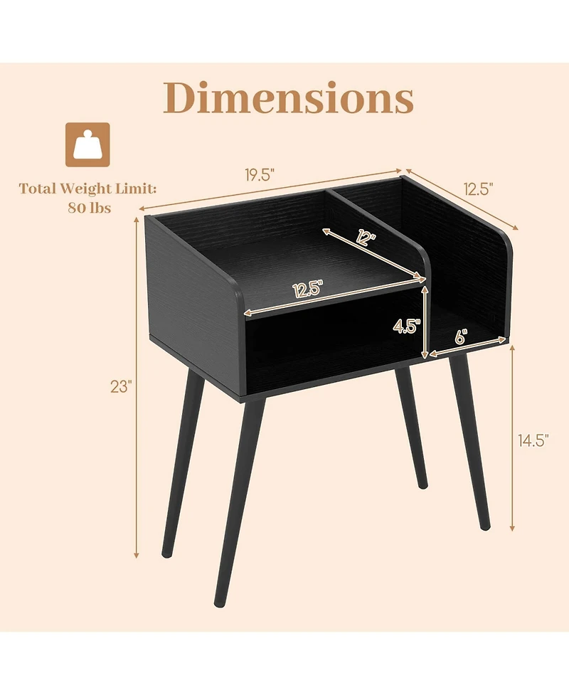 Costway Mid Century Modern End Table with Open Shelves Metal Support Legs for Bedroom