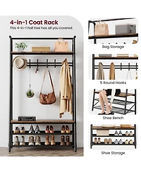 gaomon Industrial Rustic 4-in-1 Hall Tree Bench with Shoe Rack, Storage Shelf, and 5 C-Shaped Hooks in Brown & Black