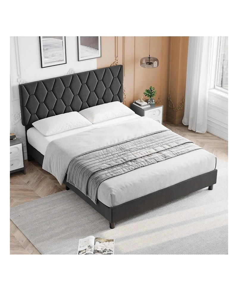 gaomon Bed Frame With Headboard Upholstered Bed Frame, Heavy-Duty Platform Bed Frame With Strong Wood Slats, Upholstered Mattress Foundation No Box Sp