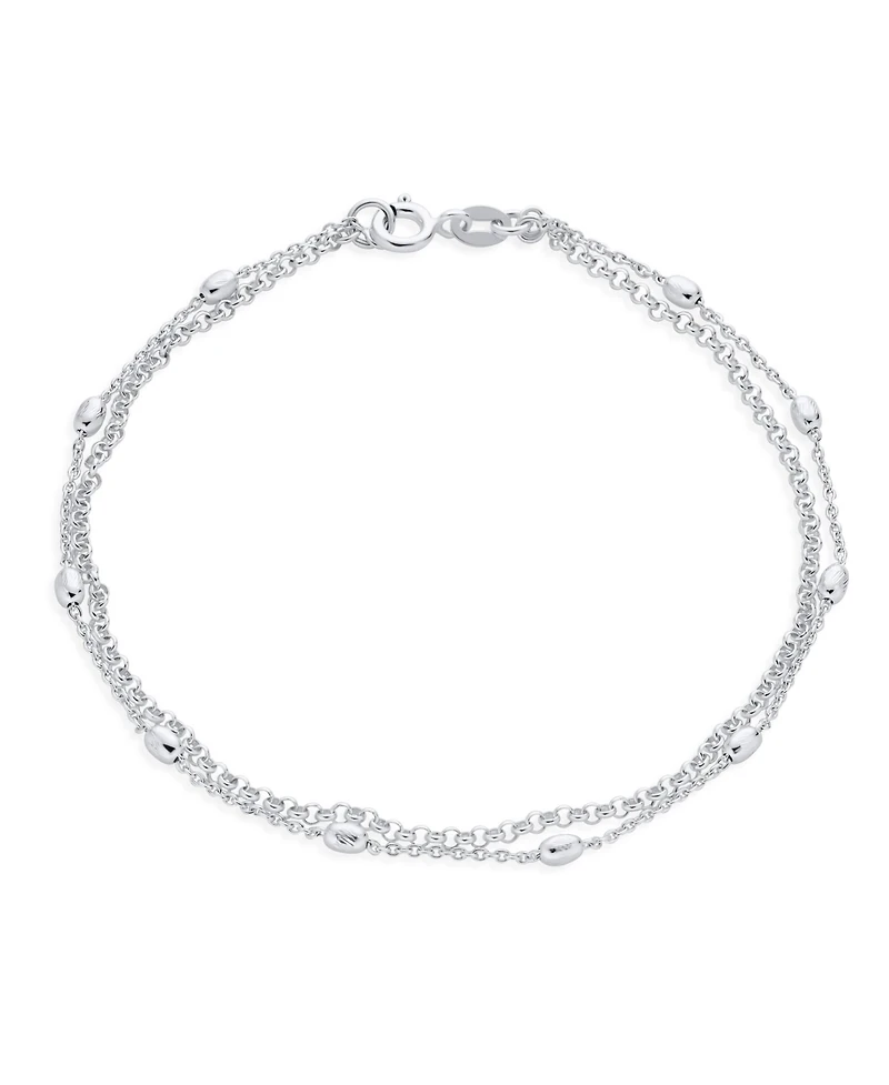 Bling Jewelry Simple Minimalist Alternating Chain Oval .925 Sterling Silver Small Oval Beads Layer Double Chain Anklet Station Ankle Bracelet 9 Inch