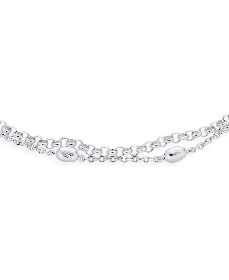 Bling Jewelry Simple Minimalist Alternating Chain Oval .925 Sterling Silver Small Oval Beads Layer Double Chain Anklet Station Ankle Bracelet 9 Inch