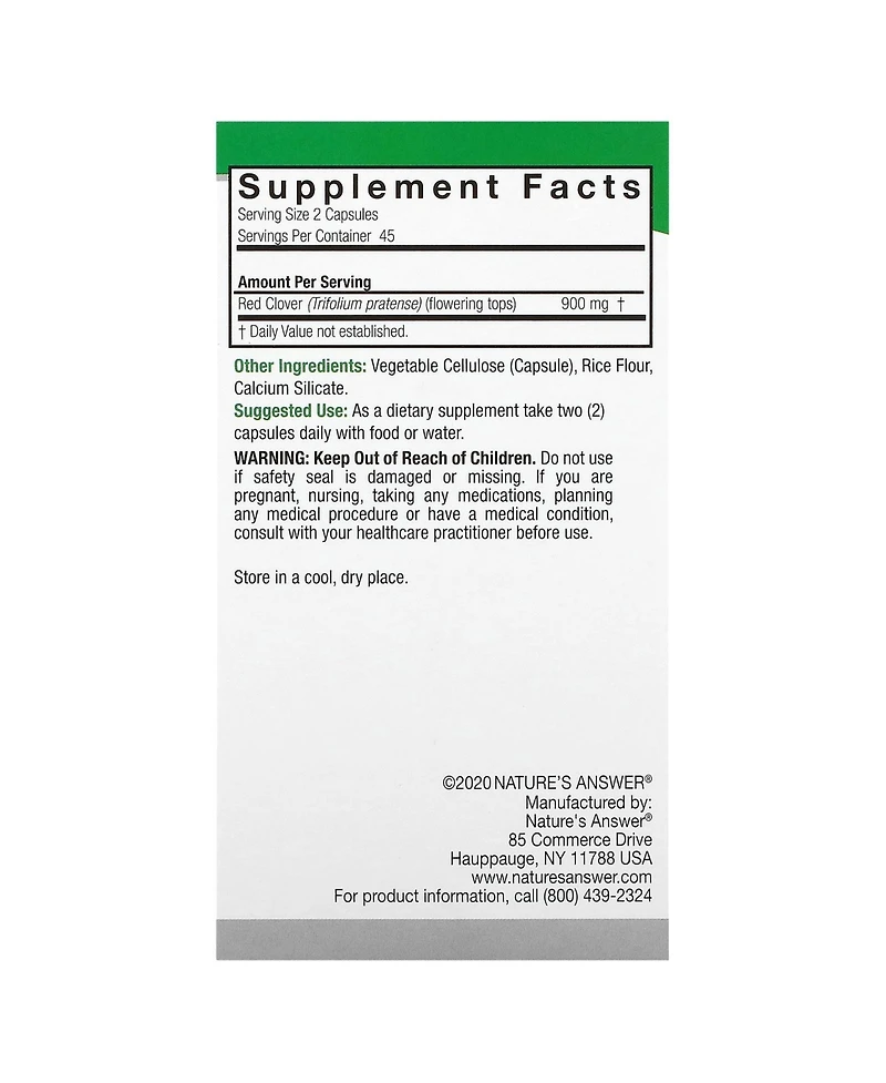 Nature's Answer Red Clover 900 mg - 90 Vegetarian Capsules (450 mg per Capsule)