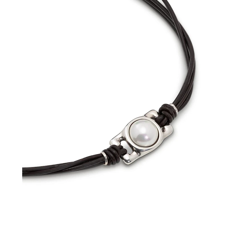 UNOde50 Leather Strip and White Bead Necklace