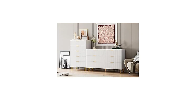 gaomon White Dresser, Modern 5 Drawer Dresser for Bedroom with Gold Handle and Large Drawer