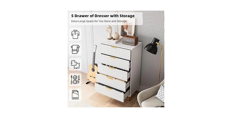 gaomon White Dresser, Modern 5 Drawer Dresser for Bedroom with Gold Handle and Large Drawer
