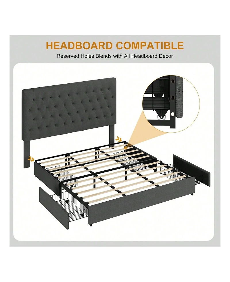 gaomon Platform Bed Frame, Fabric Upholstered With 4 Storage Drawers, No Box Spring Needed, Wooden Slats Support, Noise Free, Easy Assembly