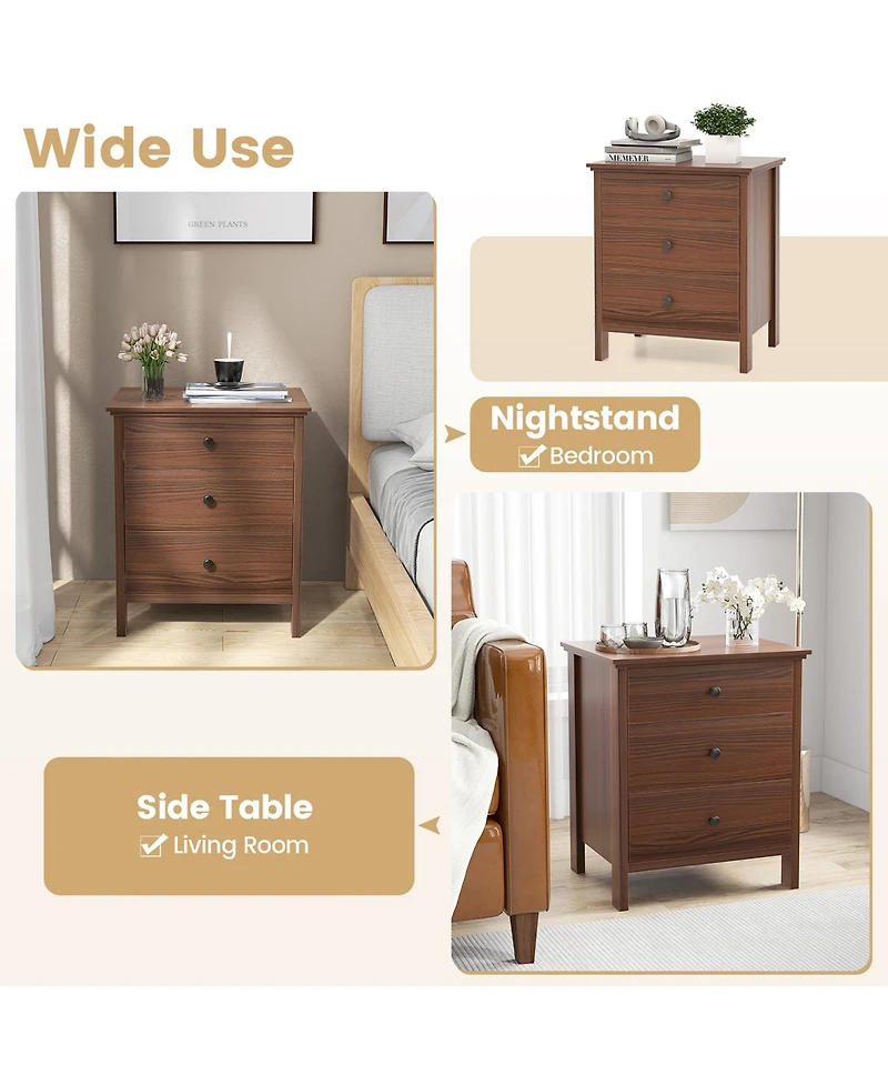 Gymax 3-Drawer Nightstand Wooden Bedside Table Modern Side End Table Walnut