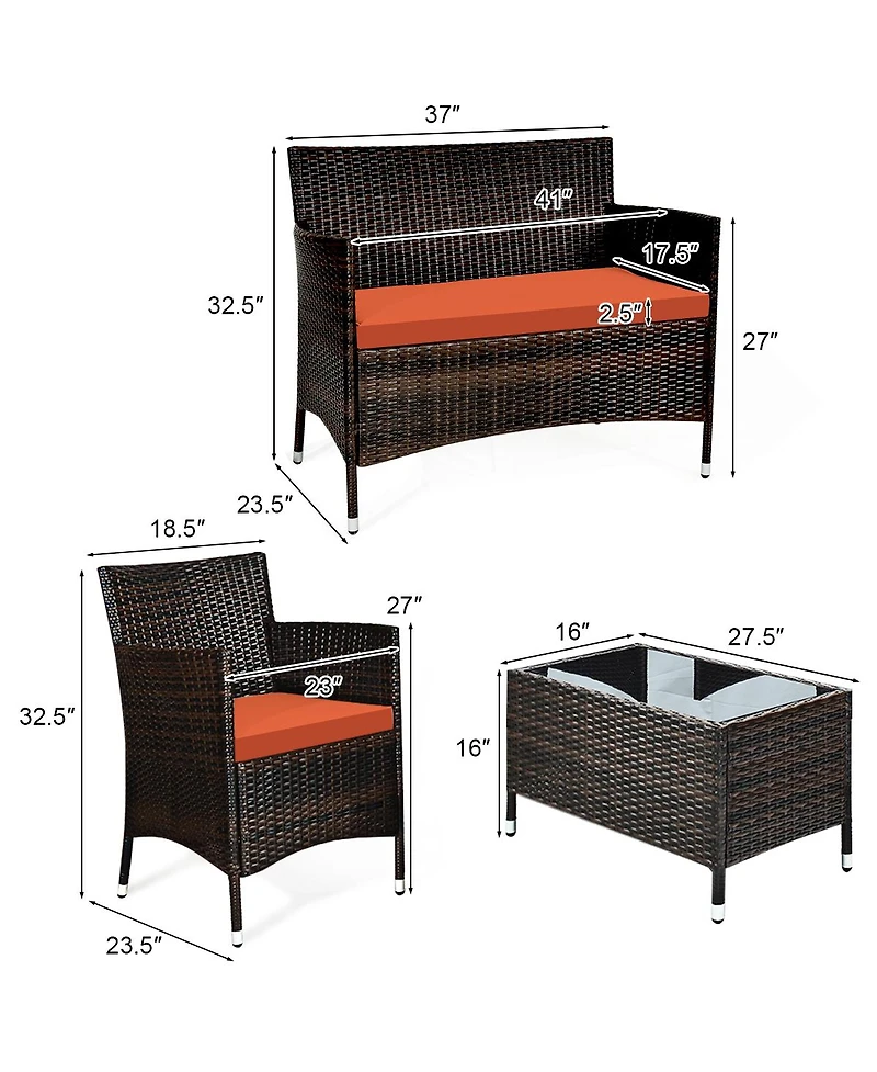 Sugift 4 Pieces Comfortable Outdoor Rattan Sofa Set with Glass Coffee Table