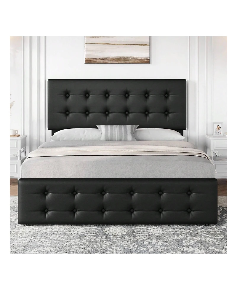 Bed Frame,With 4 Storage Drawers And Headboard, Linen Upholstered Platform Frame With Wooden Slats Support, Button Tufted Design
