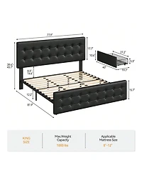 Bed Frame,With 4 Storage Drawers And Headboard, Linen Upholstered Platform Frame With Wooden Slats Support, Button Tufted Design