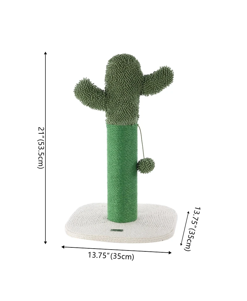 Pecos 21" Modern Jute Cactus Cat Scratching Post with Fuzzy Toy, Green/White