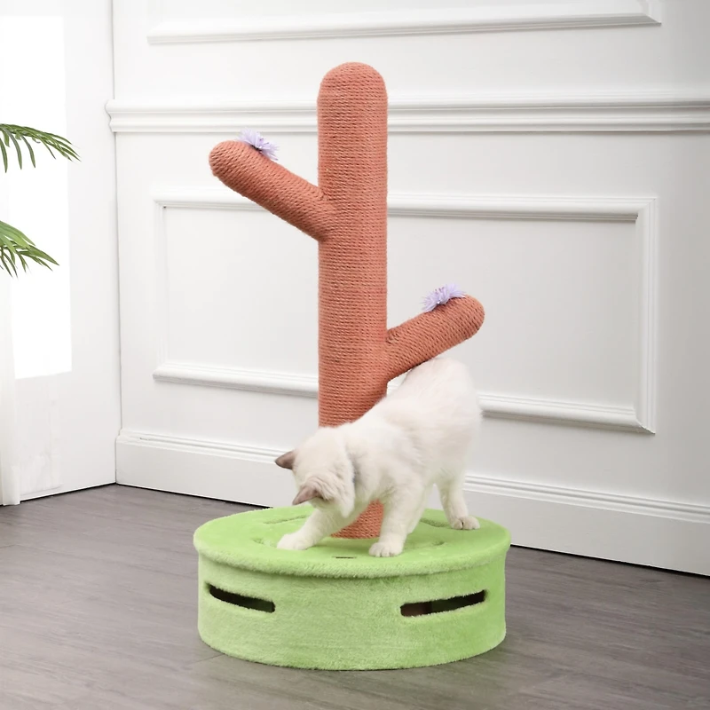 The Licker Store Rosa 36" Modern Jute Cactus Cat Scratching Post with Flower Toys and Built-In Bell Toys, Pink/Green