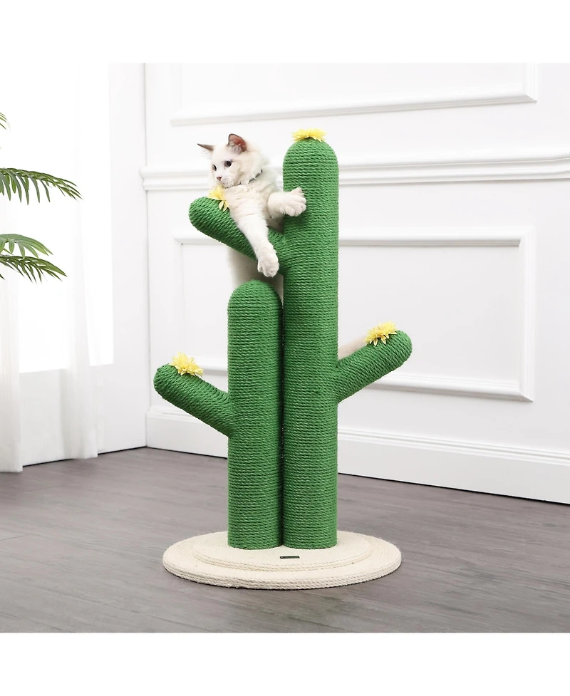 The Licker Store Socorro 34.25" Modern Jute Double-Cactus Cat Scratching Post with Flower Toys, Green/White