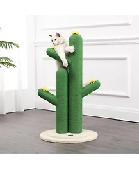 The Licker Store Socorro 34.25" Modern Jute Double-Cactus Cat Scratching Post with Flower Toys, Green/White