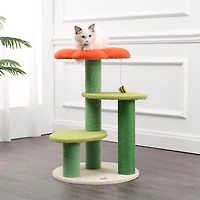 The Licker Store Poppy 29" 3-Tier Modern Jute Flower Cat Tree with Dangling Toy, Orange/Green