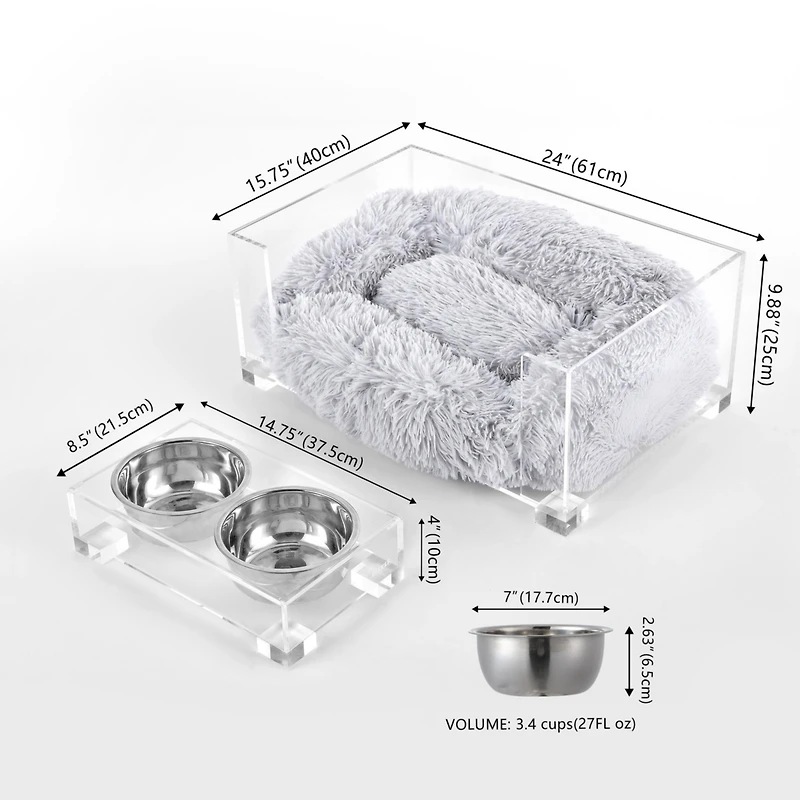 Billie 24" x 15.75" Small Modern Acrylic Calming Fluffy Pet Bed with Washable Cushion and 4" Elevated Pet Feeder with 27 oz 2-Stainless