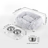 Billie 24" x 15.75" Small Modern Acrylic Calming Fluffy Pet Bed with Washable Cushion and 4" Elevated Pet Feeder with 27 oz 2-Stainless