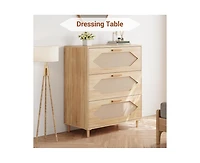 Dresser for Bedroom with 3 Drawers, Rattan Dresser with Spacious Storage, Modern Wooden Closet Dressers Chest of Drawers, Wood Nightstand for Bedroom
