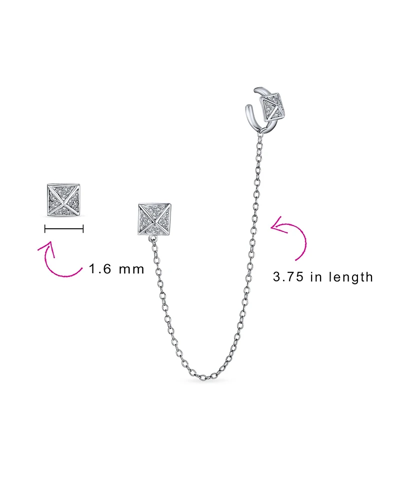 Bling Jewelry Geometric Square Pyramid Chain Cartilage Ear Cuff Wrap Earring Pave Cz Stud Helix Earring Stud Set .925 Sterling Silver