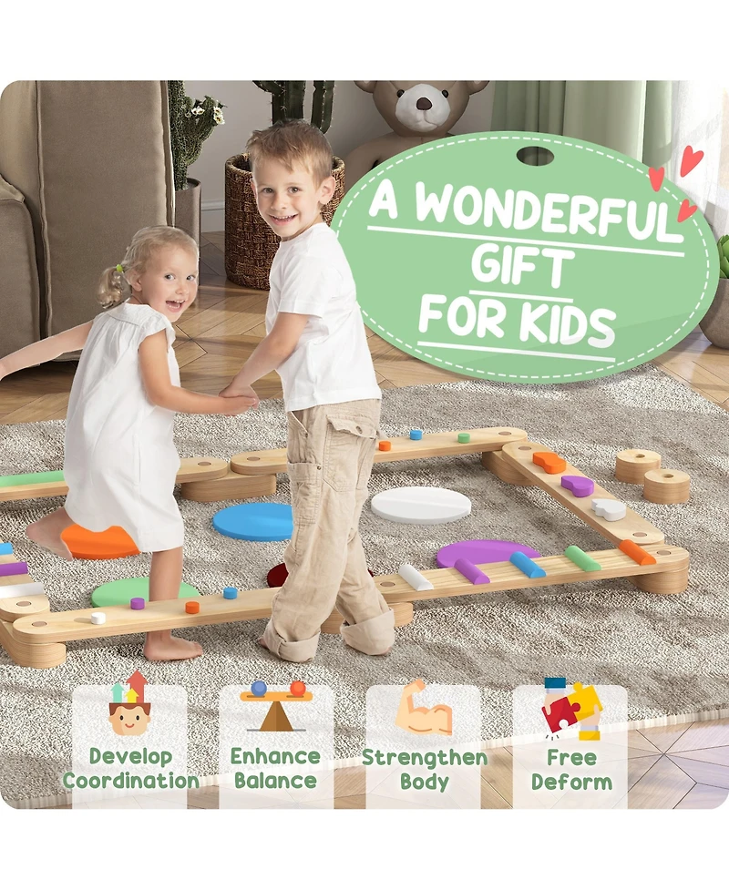 Qaba Kids Balance Beam, Wooden Balance Board with Stepping Stone