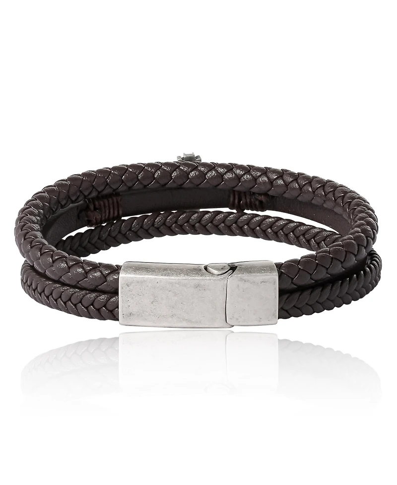 Lucky Brand Braided Leather Bracelet with Cross - Brown Leather Wrap Bracelet for Men