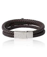 Lucky Brand Braided Leather Bracelet with Cross - Brown Leather Wrap Bracelet for Men