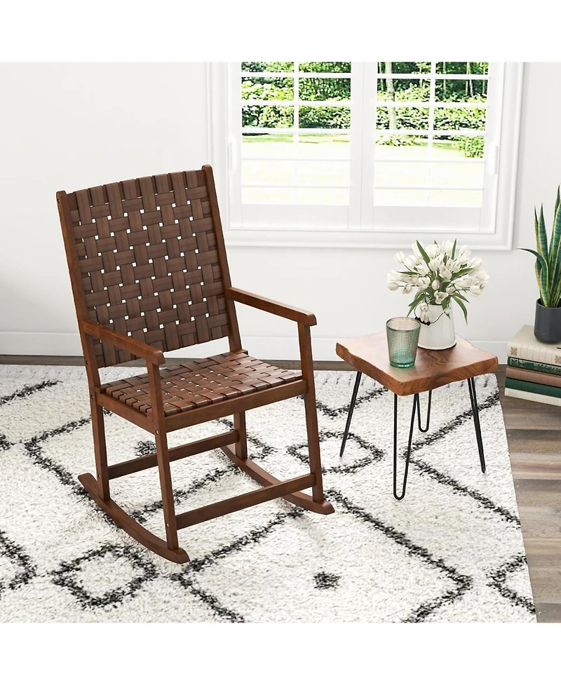 Sugift Patio Wood Rocking Chair with Pu Seat and Rubber Wood Frame
