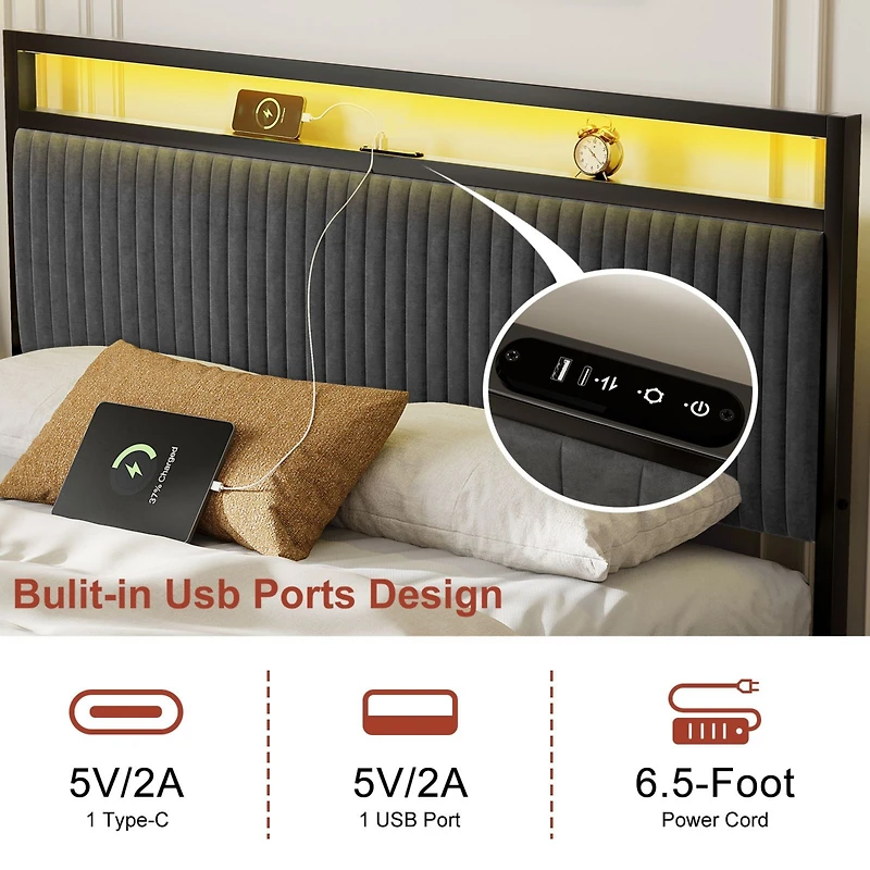 Hausource Full Bed Frame with Bookcase Storage Headboard and 2 Drawers Platform Bed No Box Spring Needed - Gray