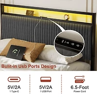 Hausource Full Bed Frame with Bookcase Storage Headboard and 2 Drawers Platform Bed No Box Spring Needed - Gray