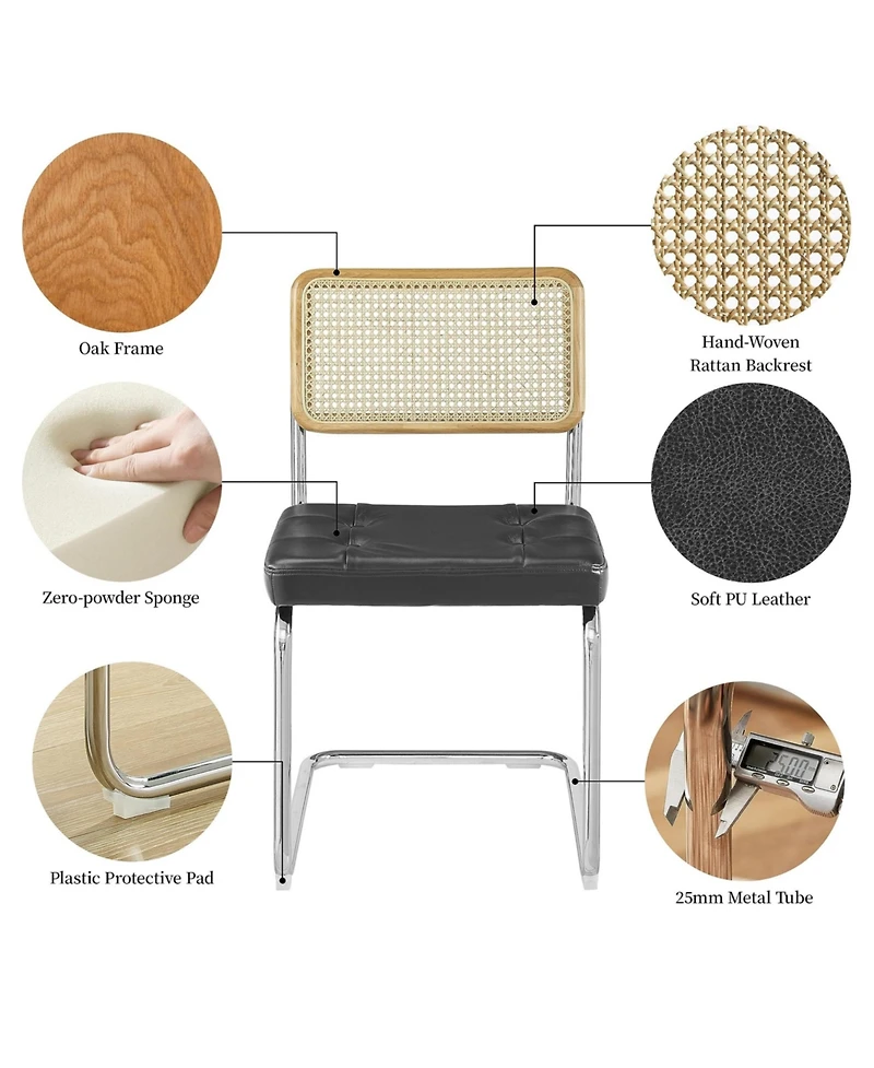 Homlux Set of 2 Rattan Dining Chairs Set Faux Leather Upholstered Mesh Back Cane Armless Chairs W/Chrome Metal Legs&Woven Backrest