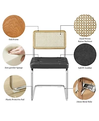 Homlux Set of 2 Rattan Dining Chairs Set Faux Leather Upholstered Mesh Back Cane Armless Chairs W/Chrome Metal Legs&Woven Backrest