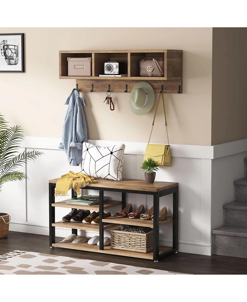 Tribesigns Coat Rack Set and Industrial Shoe Bench, 3 Storage Cubbies, 7 Hooks for Entryway, Hallway, 5-in-1Design