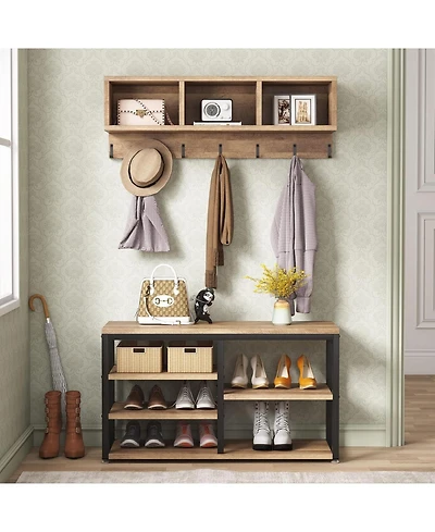 Tribesigns Coat Rack Set and Industrial Shoe Bench, 3 Storage Cubbies, 7 Hooks for Entryway, Hallway, 5-in-1Design