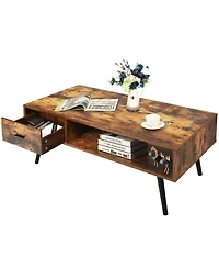 Gymax Retro Coffee Table Mid Century Modern Living Room Furniture w/Open Storage Shelf