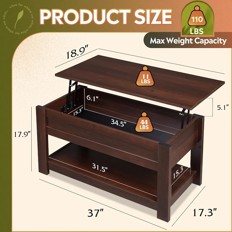 Wlive Modern Lift Top Coffee Table,Rustic Coffee Table with Storage Shelf and Hidden Compartment,Wood Lift Tabletop for Home Living Room,Brown Oak.