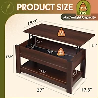 Wlive Modern Lift Top Coffee Table,Rustic Coffee Table with Storage Shelf and Hidden Compartment,Wood Lift Tabletop for Home Living Room,Brown Oak.