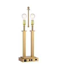 Amity 26" High Modern Desk Lamp Usb Port Ac Power Outlet Gold Warm Brass Finish Metal Single White Shade Home Office Living Room Charging Bedroom Beds