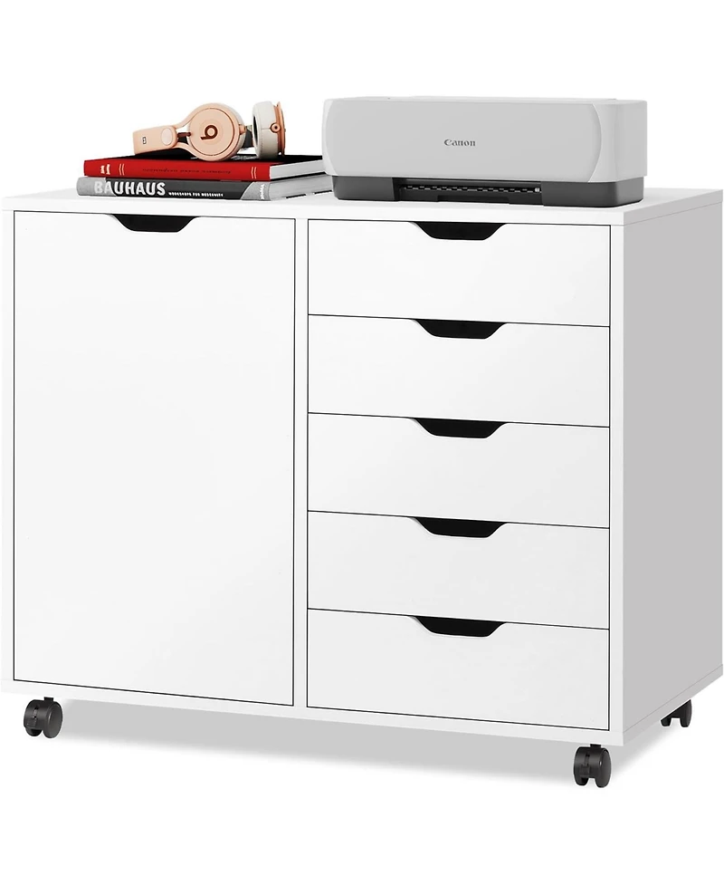 5-Drawer Wood Dresser Chest with Door, Mobile Storage Cabinet, Printer Stand for Home Office