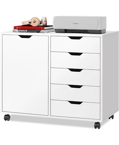 5-Drawer Wood Dresser Chest with Door, Mobile Storage Cabinet, Printer Stand for Home Office