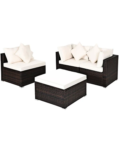 Sugift 4 Pcs Ottoman Garden Deck Patio Rattan Wicker Furniture Set Cushioned Sofa-White