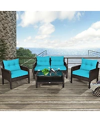 Sugift 4 Pieces Outdoor Rattan Wicker Loveseat Furniture Set with Cushions-Turquoise