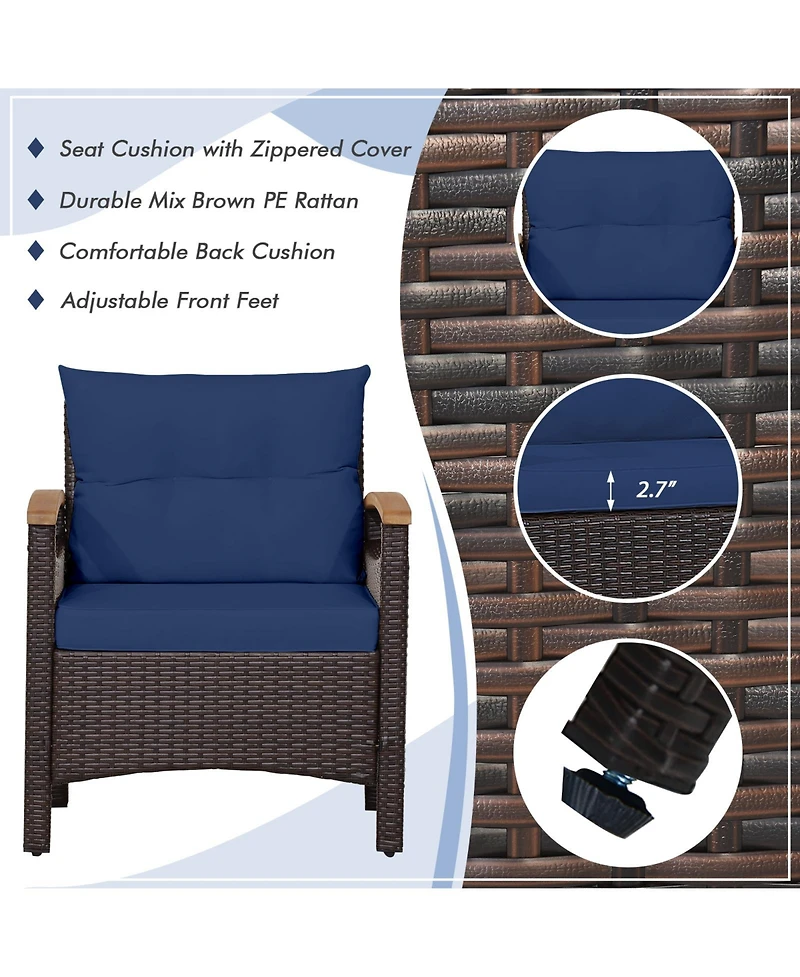 Sugift 3 Pieces Patio Rattan Furniture Set with Removable Cushion-Navy