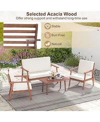 Sugift 4 Piece Outdoor Acacia Wood Conversation Set with Soft Seat and Back Cushions-White