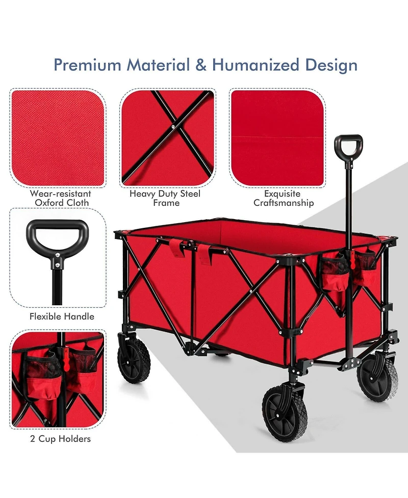 Sugift Outdoor Folding Wagon Cart with Adjustable Handle and Universal Wheels-Red