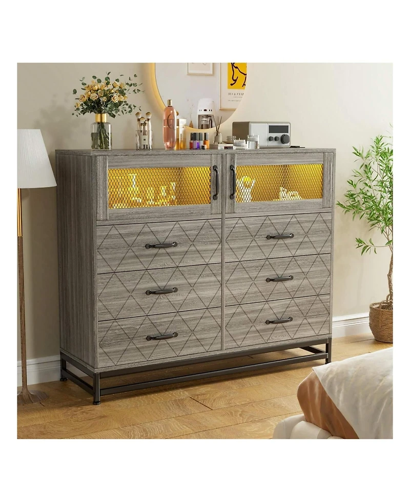 Dresser For Bedroom With Led Lights And Charging Station, 6 Drawer Double Dresser With 2 Shelves, Wide Modern Wooden Chest Of Drawers For Bedroom, Ent