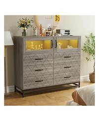 Dresser For Bedroom With Led Lights And Charging Station, 6 Drawer Double Dresser With 2 Shelves, Wide Modern Wooden Chest Of Drawers For Bedroom, Ent