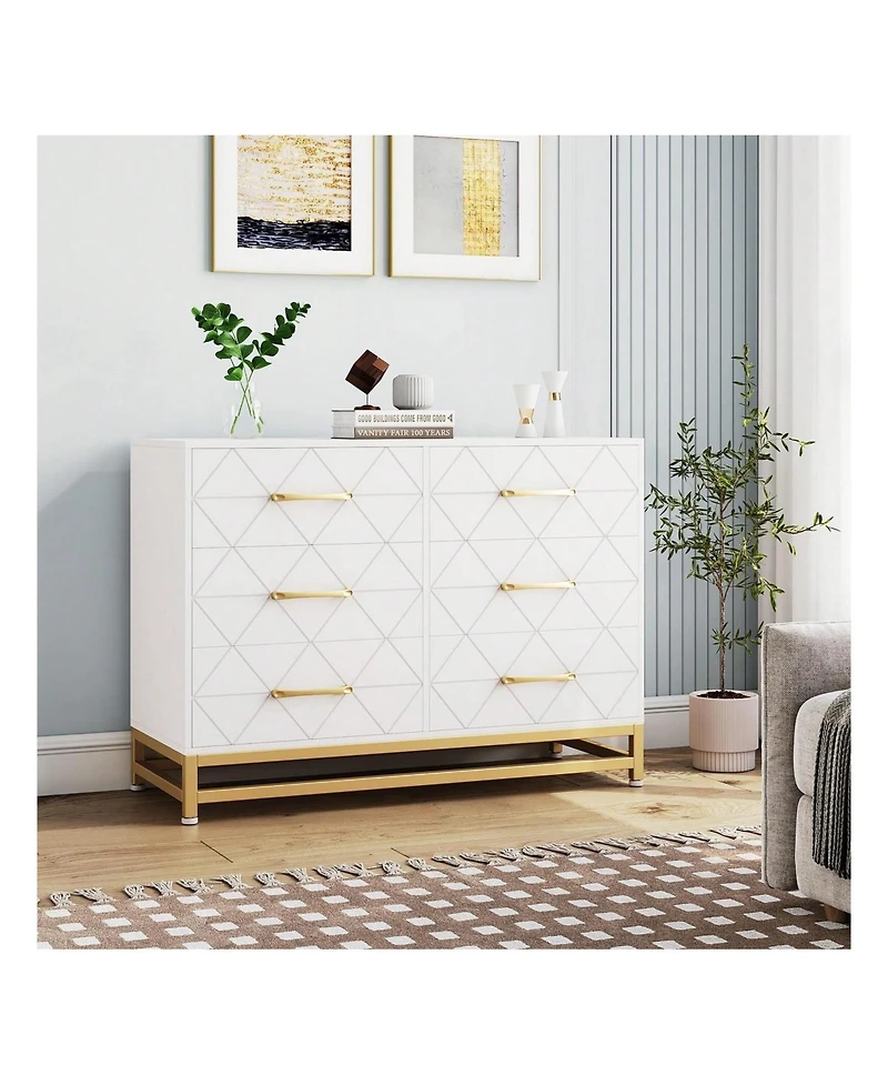 gaomon Dresser For Bedroom With 6 Drawer Double Dressers, Modern Wooden Dresser Chest, Beside Table For Closet, Nursery, Living Room